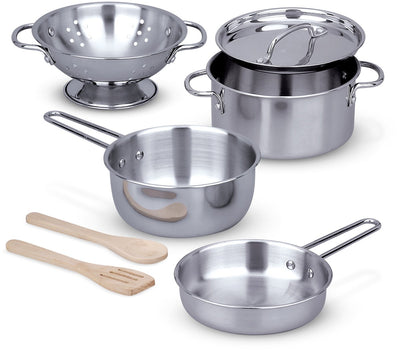Melissa doug – speelgoedpannenset – 8-delig – rvs – met opbergrek
