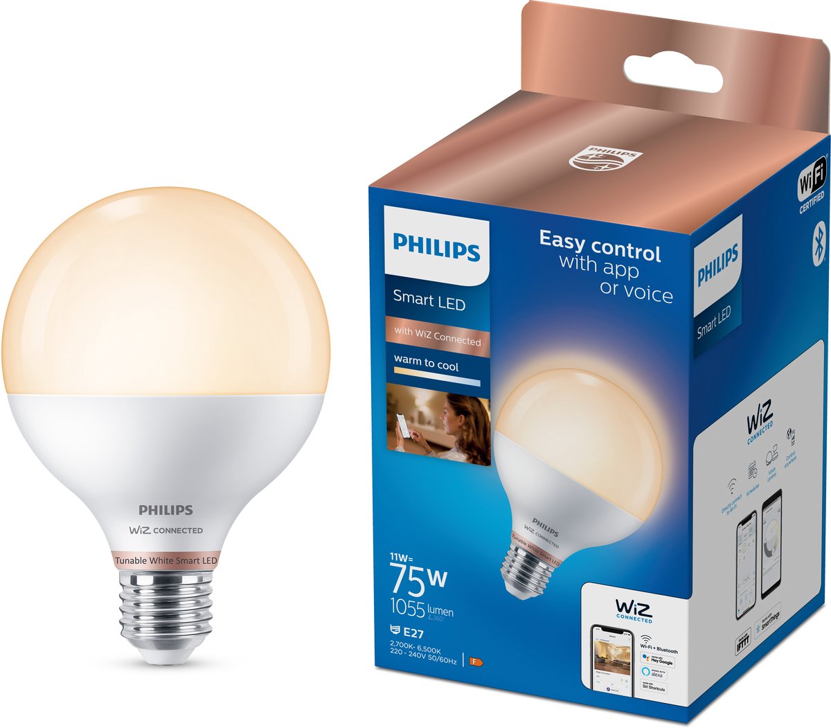 Philips Beleuchtung Philips Smart Lighting – Globus – intelligente LED-Beleuchtung – warmes bis kühles weißes Licht – E27 – 75 W – mattiert – WLAN