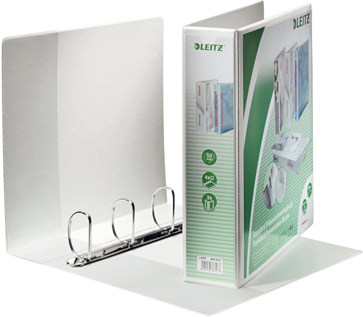 Leitz Präsentationsringbinder A4, extra breit, weiß, mit vier D-Ringen