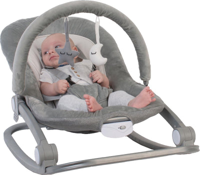 Bo Jungle - Schaukelstuhl und Sitz in 1 - Schaukelstuhl - Wippe - Baby bis Kleinkind - bis max. 18 kg – inklusive Spielbogen und Reduzierkissen – Mitwachsschaukel – weicher Stoff – Musik- und Vibrationsfunktionen – Wippe grau