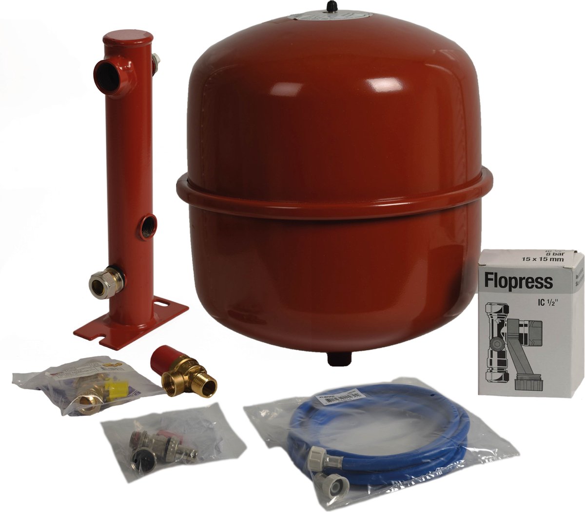 Plieger Kesselanschluss-Set – Ausdehnungsgefäß-Set – 4-Loch – 1,0 bar Vordruck – 18 Liter – rot