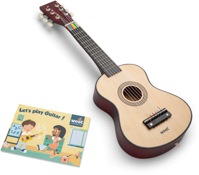 Woet® Spielzeuggitarre aus Holz mit Tragegurt - Natur - Spielzeuginstrument - Meine erste Gitarre inklusive Notenheft - Gitarre spielen für Kinder - ab 3 Jahren