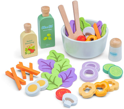 Woet® Salatset aus Holz – stellen Sie Ihr eigenes Salatspielset mit über 30 Zubehörteilen her – Rollenspielspielzeug Essen – lehrreiches Küchenspielzeug – ab 3 Jahren