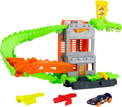 Hot Wheels City Crocodile Pizza Attack – Spielset und Spielzeugauto – passend für das Schnellklick-Schienensystem