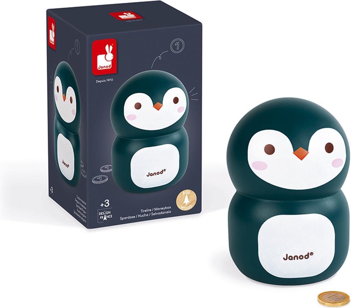 Janod Spardose - Pinguin - Spardose aus Holz mit Durchreiche am Boden - geeignet ab 3 Jahren