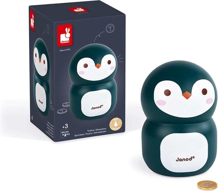 Janod Spardose - Pinguin - Spardose aus Holz mit Durchreiche am Boden - geeignet ab 3 Jahren