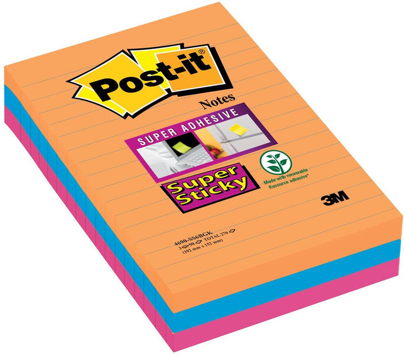 Super-Haftnotizen Post-it, 101 x 152 mm, Orange, Blau, Magenta