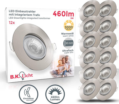 B.K. Licht – LED-Einbaustrahler – 12 Stück – schwenkbare Strahler – rund – ø9 cm – warmweißes Licht 3.000 K – 460 lm – 5 W – Nickel