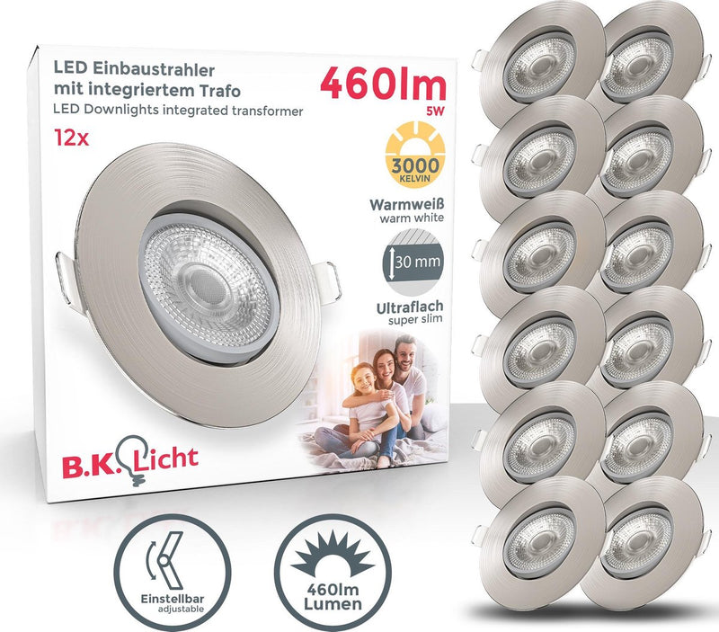 B.K. Licht – LED-Einbaustrahler – 12 Stück – schwenkbare Strahler – rund – ø9 cm – warmweißes Licht 3.000 K – 460 lm – 5 W – Nickel