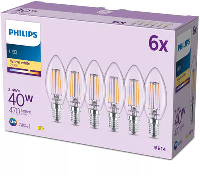 Philips Filament-Kerzenlampe, klar, 40 W, B35, E14 x6