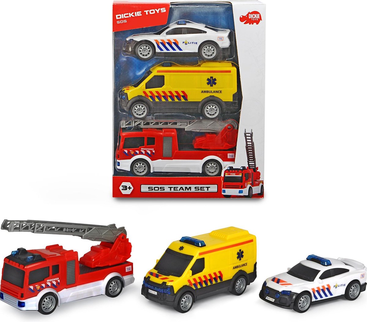 Dickie Toys SOS-Team-Set Niederländische Rettungsdienste – Polizei – Feuerwehr – Krankenwagen – ab 3 Jahren – Spielzeugfahrzeug