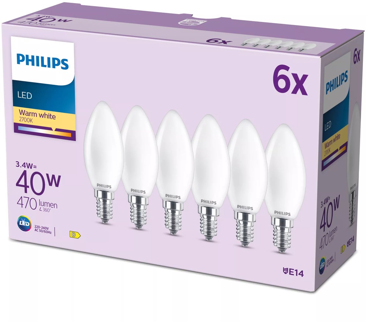 Philips Filament-Kerzenlampe matt 40 W B35 E14 x6