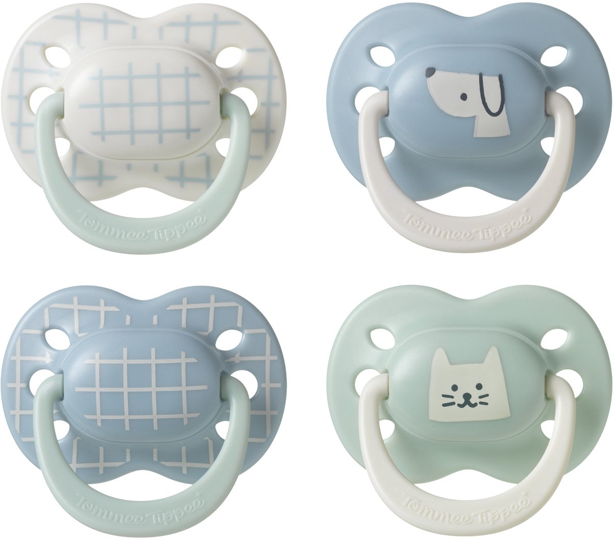 Tommee Tippee Ultimate Fit Schnuller – 0–6 Monate – 4 Stück – kieferorthopädischer symmetrischer Schnuller für Babys – 100 % BPA-freies Silikon – blaue Deko