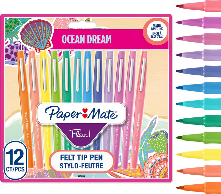 Paper Mate Flair Filzstifte | Marker mit mittlerer Spitze (0,7 mm) | verschiedene Ozeantraum-Farbmarker | für Kinder Erwachsene Malen, Tagebücher mehr | 12 Stück