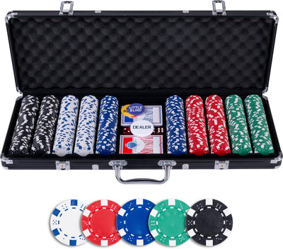 Engelhart Pokerset 500 Chips (11,5 Gramm) im schwarzen Etui – mit 2 Spielkartensätzen, 5 Würfeln und Dealer-Buttons