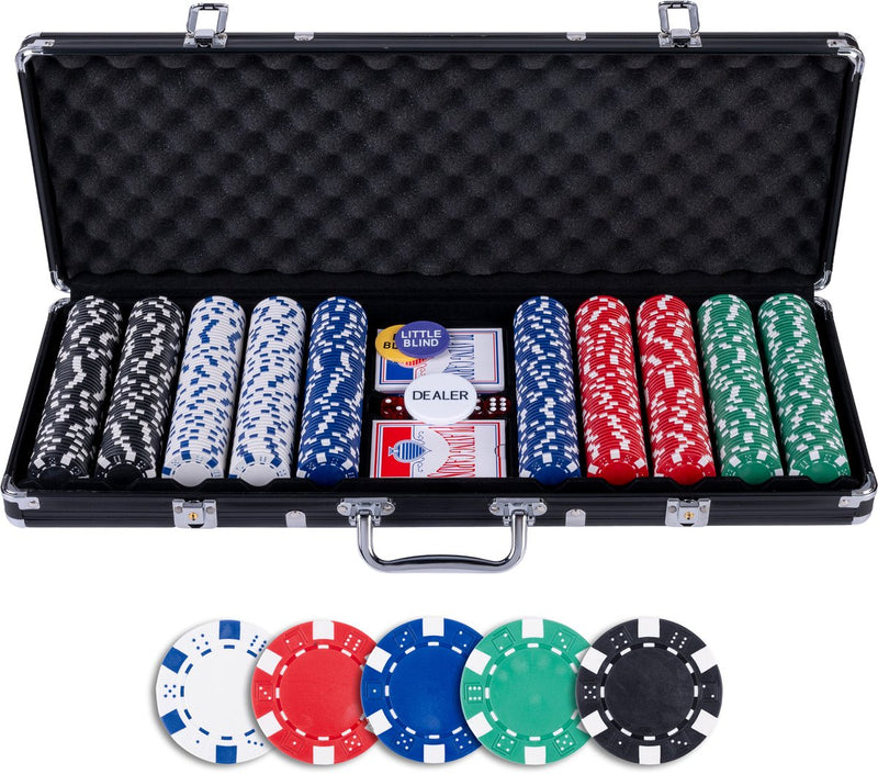 Engelhart Pokerset 500 Chips (11,5 Gramm) im schwarzen Etui – mit 2 Spielkartensätzen, 5 Würfeln und Dealer-Buttons