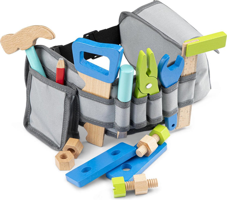 Woet® Werkzeuggürtel blau – Holzspielzeug – Werkzeugset mit 16 Teilen – lehrreiches Rollenspiel für Kinder – ab 3 Jahren