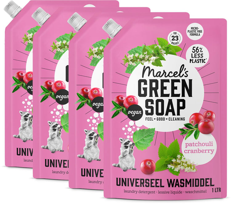 Marcel's Green Soap Universal-Waschmittel-Nachfüllpackung – Patchouli Cranberry – 4 x 1 l – 92 Waschgänge