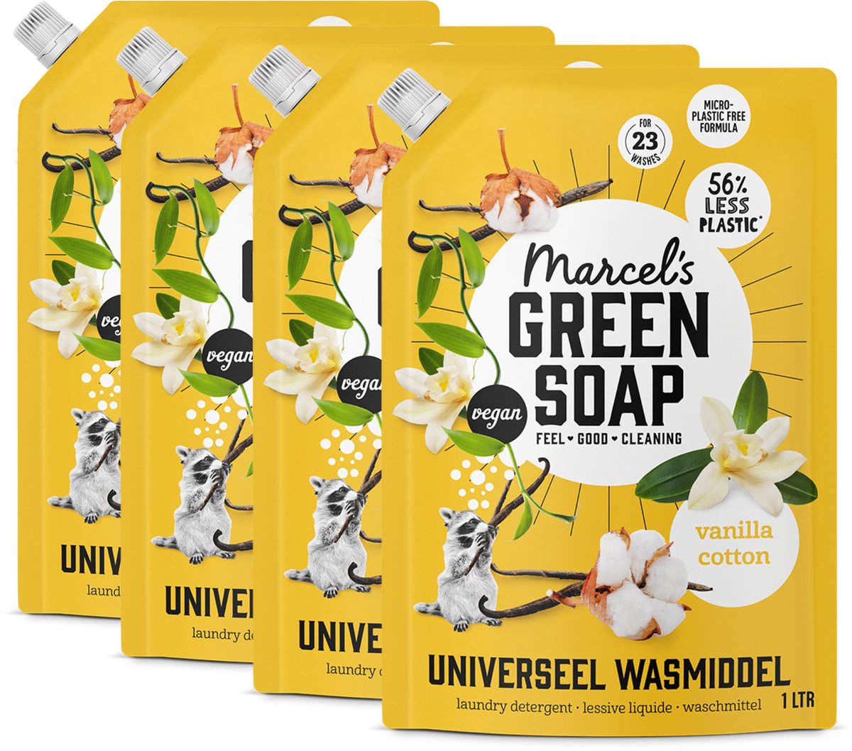 Marcel's Green Soap Universalwaschmittel-Nachfüllpackung – Vanille-Baumwolle – 4 x 1 l – 92 Waschgänge