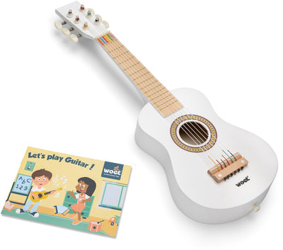 Woet® Spielzeuggitarre aus Holz mit Tragegurt – weiß – Spielzeuginstrument – meine erste Gitarre inklusive Notenheft – Gitarre spielen für Kinder – ab 3 Jahren