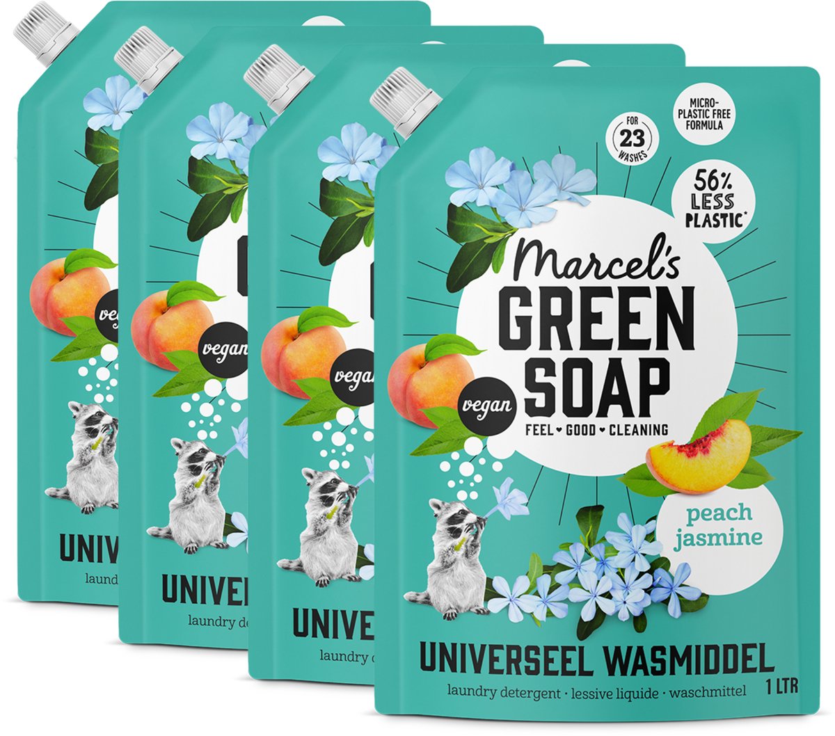 Marcel's grüne Seife, Farbwaschmittel-Nachfüllung – Pfirsich-Jasmin – 4 x 1 l – 92 Wäschen