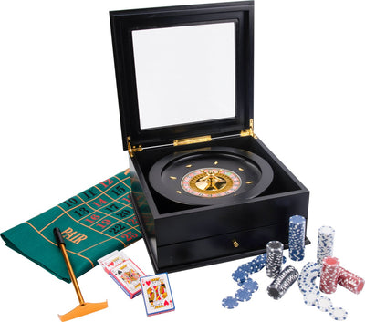 Engelhart Roulette-Set komplett – Roulette-Box 36 cm mit Teppich 130 x 90 cm – 200 Chips Croupier-Rechen – luxuriöse schwarze Aufbewahrungsbox aus Holz – Casino-Spiel für Zuhause –