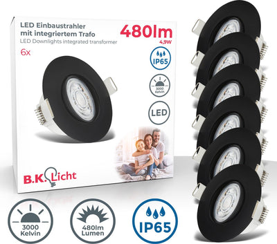 B.K.licht - LED Badezimmer-Einbaustrahler - Schwarz - 6er-Set - Badezimmerbeleuchtung - IP65 - schwenkbar - 9 x 4,2 cm (TxH)