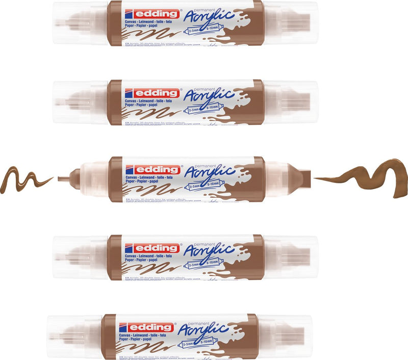 Edding 5400 Acryl 3D Double Liner Haselnuss – 5 Acryltuben – Doppelspitze 2–3 mm 5–10 mm – hochwertige Acrylfarbe auf Wasserbasis für Leinwand, Holz, Papier