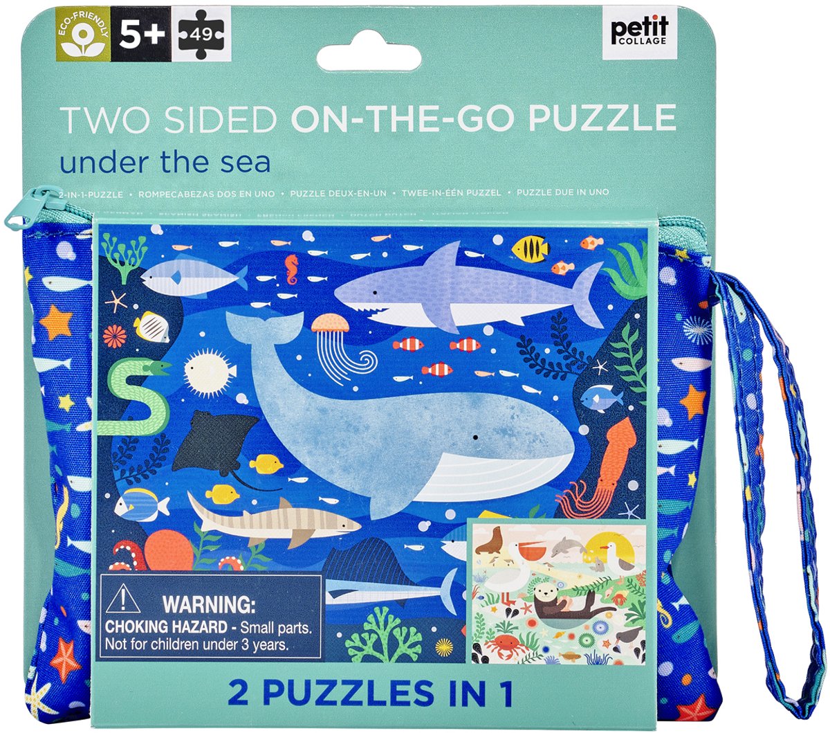 Petit Collage doppelseitiges Wildwolf-Puzzle im Reißverschlussetui | Tiere im Meer | ab 3 Jahren