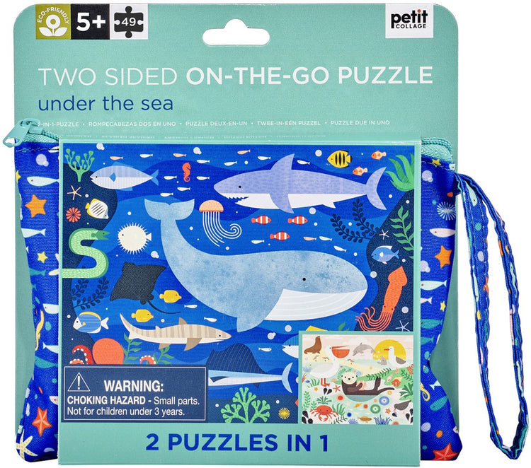Petit Collage doppelseitiges Wildwolf-Puzzle im Reißverschlussetui | Tiere im Meer | ab 3 Jahren