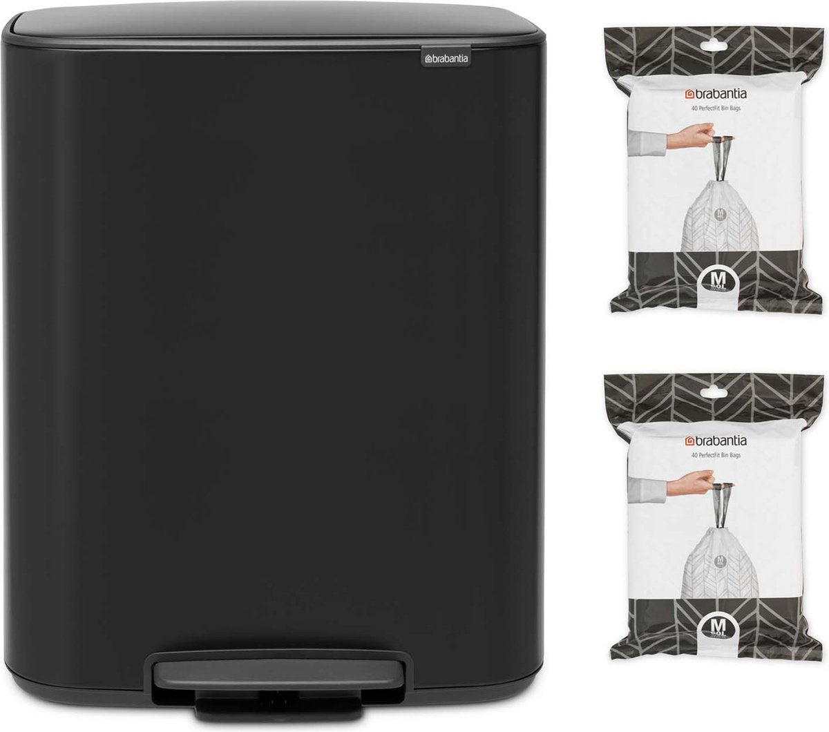 Brabantia Bo Abfallbehälter – 60 Liter – 1 Fach – mit 80 Müllbeuteln – mattschwarz