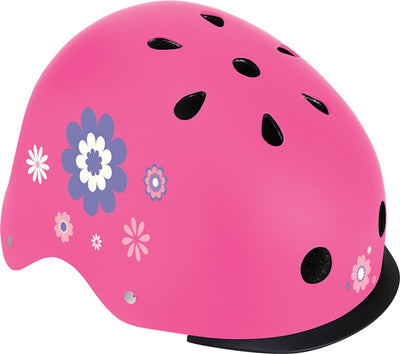 Globber Fahrradhelm – Elite Lights – XS S (verstellbar von 48 bis 53 cm) – mit Beleuchtung – Pink mit Blumendruck