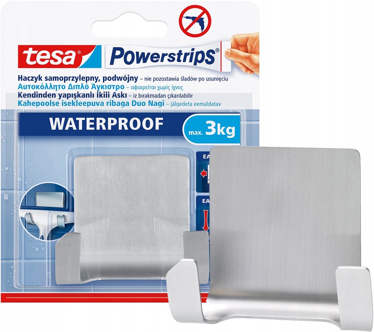 Tesa Steckdosenleisten Doppelhaken Edelstahl – 3kg Tragkraft – wasserbeständig
