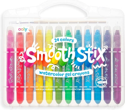 Ooly – Smooth Stix Aquarell-Gelstifte – 24 Farben Aquarell-Gelstifte – inklusive Pinsel – wasserlöslich – mit Kunststoff-Schraubverschlüssen – im praktischen Reiseetui – geeignet ab 3 Jahren