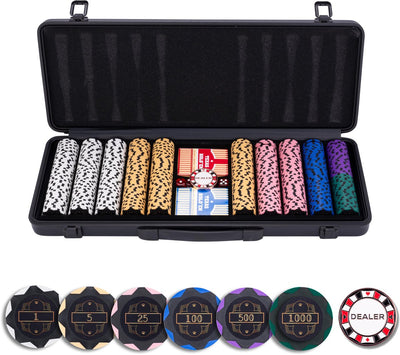 Longfield Pokerset 500 Chips 14 Gramm – Wertchips 1 € 5 € 25 € 100 € 500 – Spielkarten, Dealer-Button-Würfel – schwarzes Aluminiumgehäuse – Engelsherz