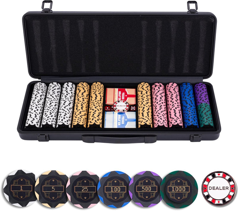 Longfield Pokerset 500 Chips 14 Gramm – Wertchips 1 € 5 € 25 € 100 € 500 – Spielkarten, Dealer-Button-Würfel – schwarzes Aluminiumgehäuse – Engelsherz