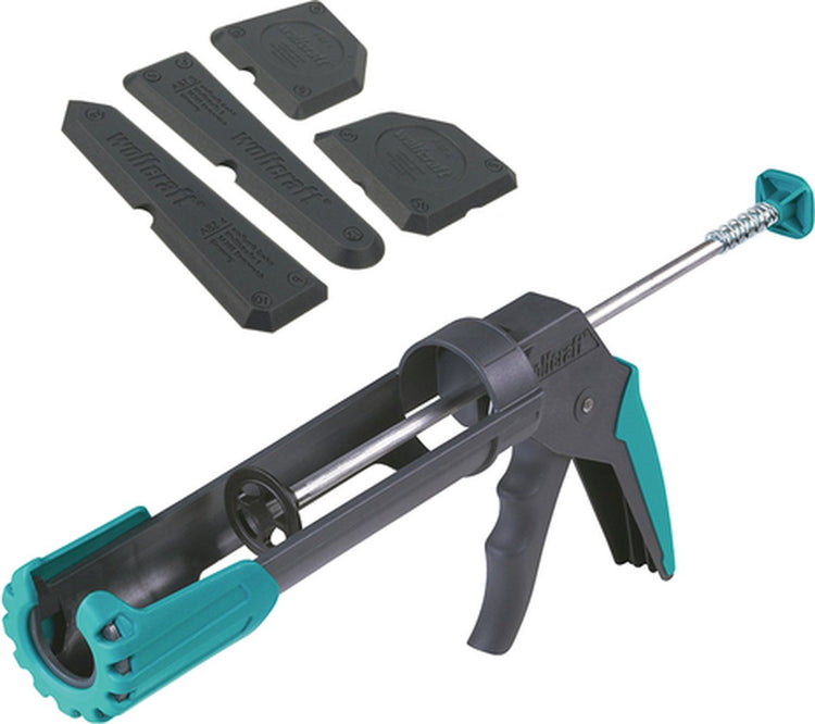 Wolfcraft – Kartuschenpistolen-Set mit Kartuscheneisen – Kartuschenpistolen-Set mit Kartuschenspachtel – Silikonfugen sanieren – mg200 – Dichtstoff – 8627000