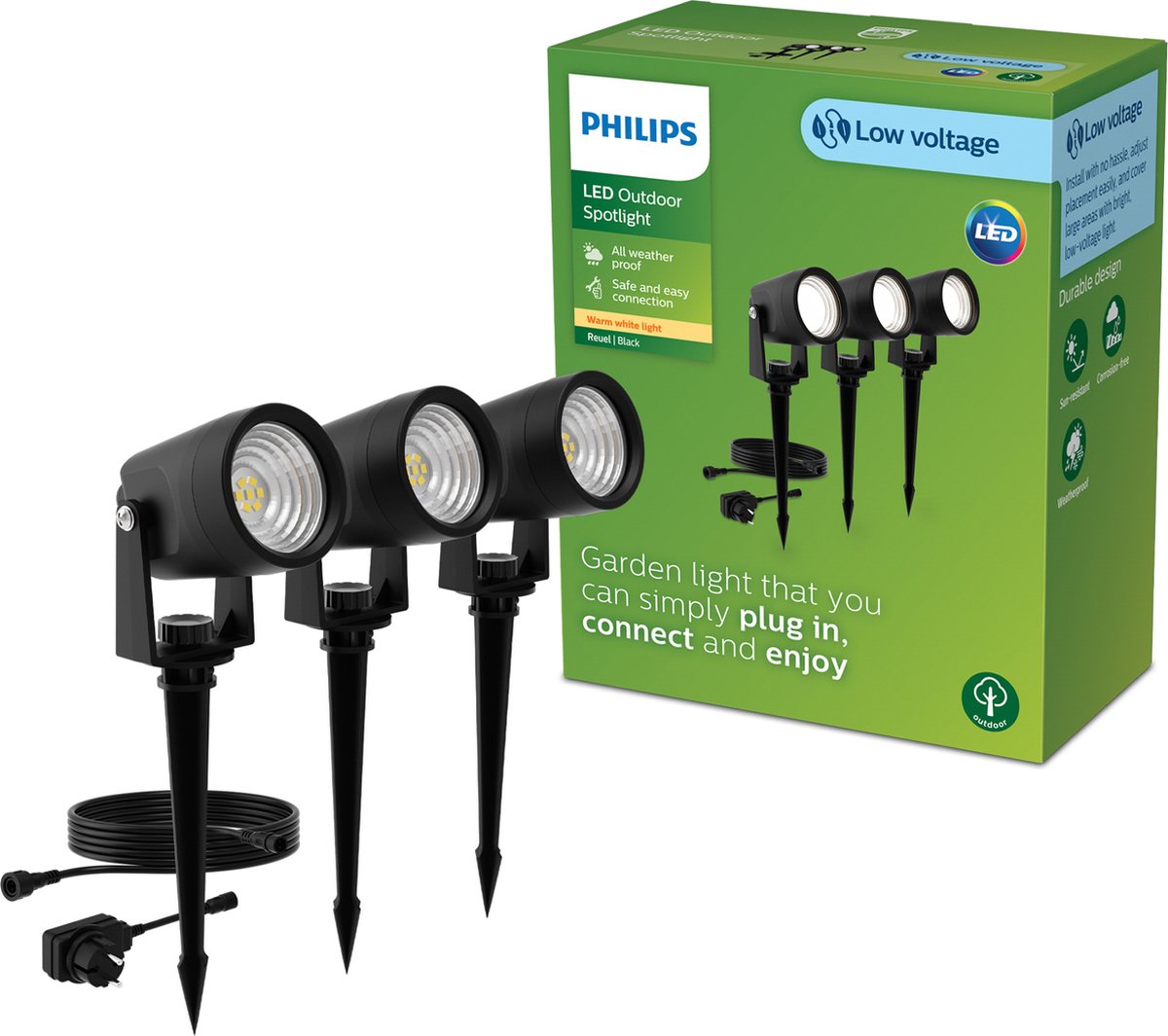 Philips LED Philips Reuel Gardenlink – 3er-Pack – Sockellampe mit Spieß – 24 V – warmweißes Licht; 2700 K – Schwarz – Gartenwegbeleuchtung