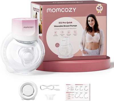 Momcozy s12pro Schnell-Freisprech-Milchpumpe – 1 Stück – extra leise und kompakt – elektrisch – wiederaufladbar – rosa weiß – s12pro+