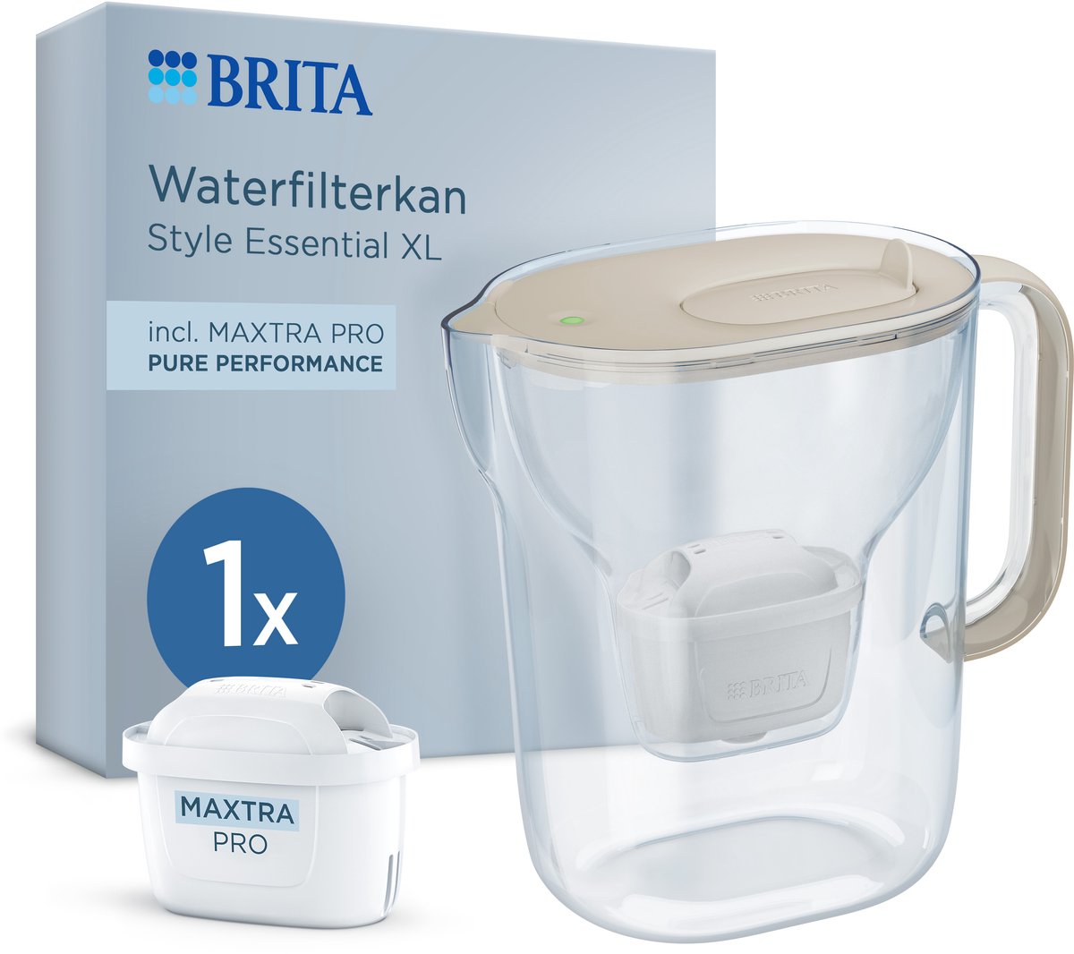 Brita Wasserfilterkan Style Essential XL - 3,6l - Sand - inkl. 1x Maxtra Pro Pure Performance – großer Filter mit Smart Light LED-Klappe, Filterfunktion mehr