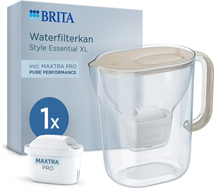 Brita Wasserfilterkan Style Essential XL - 3,6l - Sand - inkl. 1x Maxtra Pro Pure Performance – großer Filter mit Smart Light LED-Klappe, Filterfunktion mehr