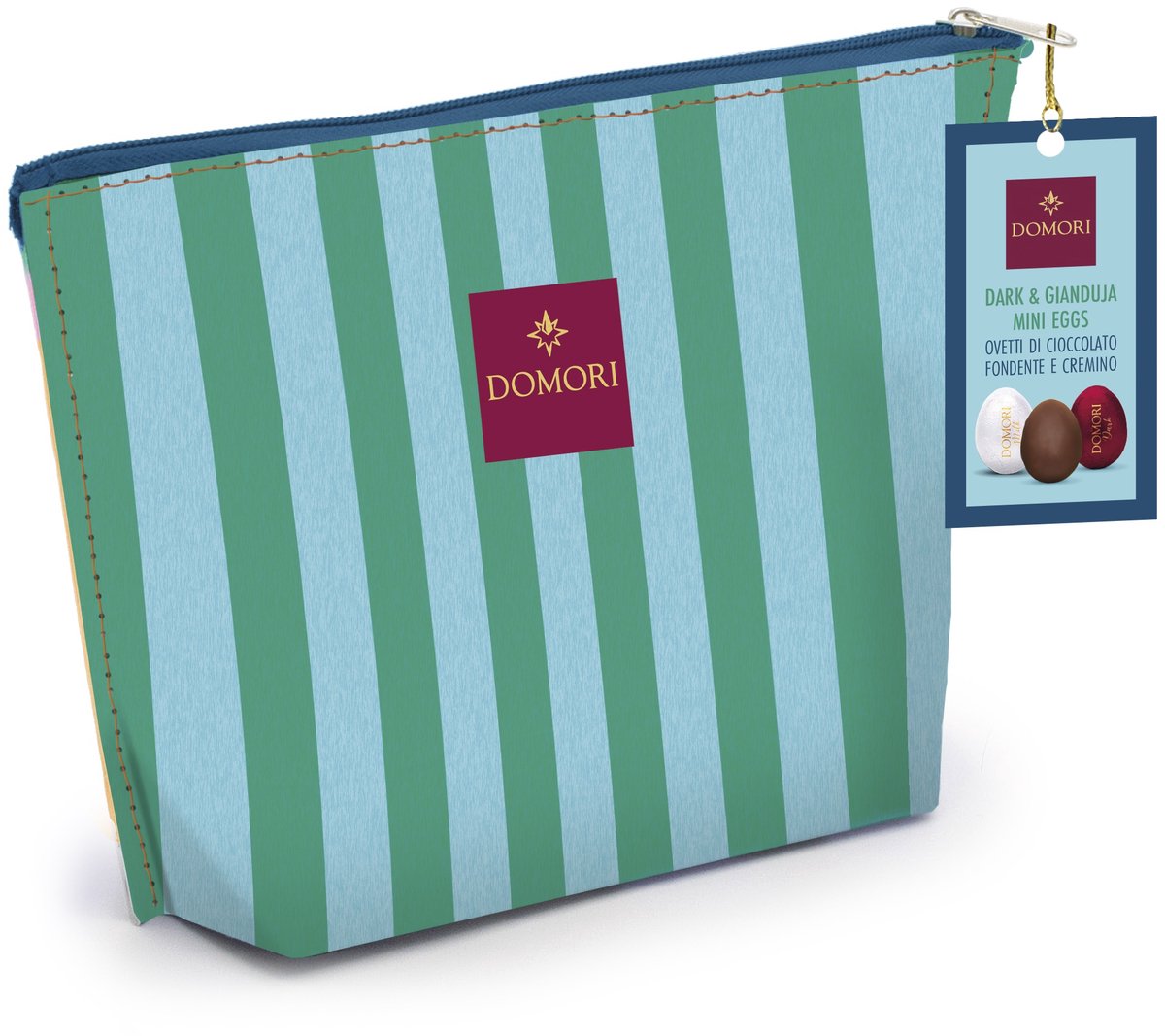 Domori – Luxus-Schokoladen-Osterei der Cabana-Kollektion – sortierte Eier aus dunkler Gianduia-Schokolade – Premium-Geschenkset – grüner und hellblauer Beutel – Verpackung zum Mitnehmen für unterwegs