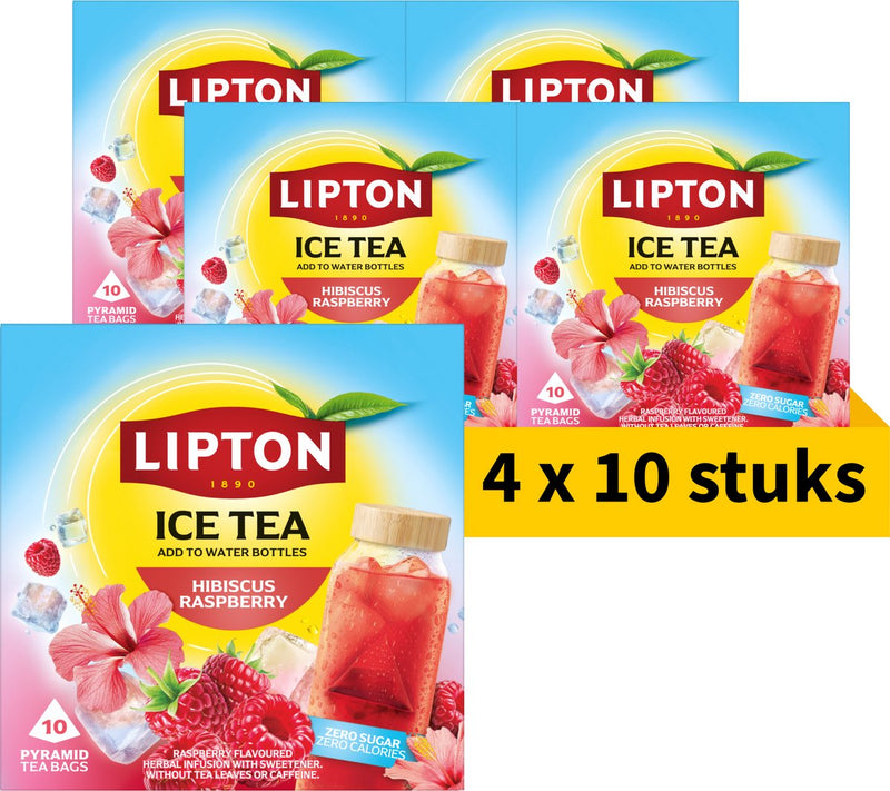 Lipton Eistee Hibiskus Himbeere – 40 Pyramidenteebeutel – Himbeer-Hibiskustee – 4 x 10 Beutel – Vorteilspackung