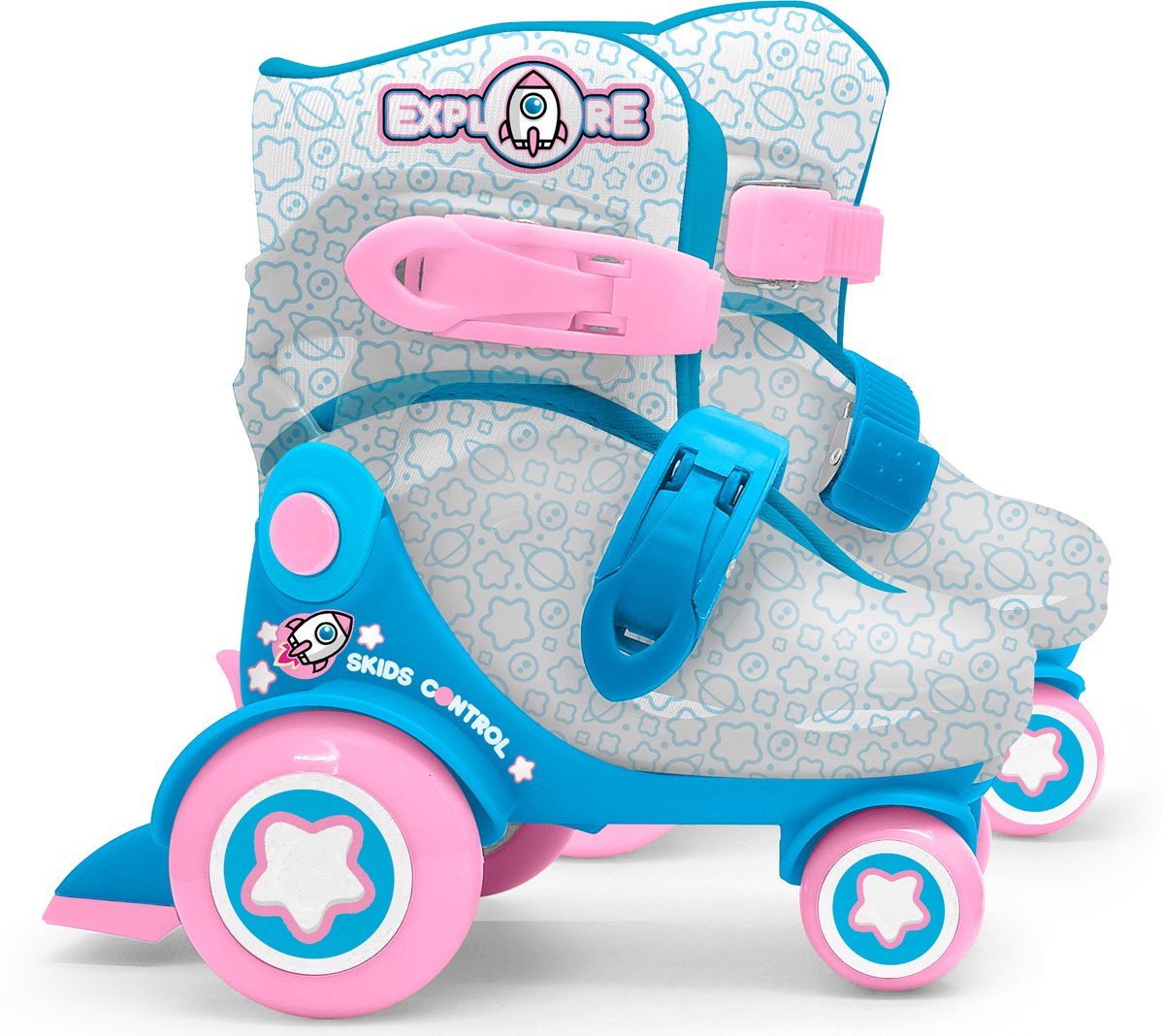 Stempelrollschuhe „explore“ für Mädchen, blaurosa mit transparenter Schale, Größen 23–26