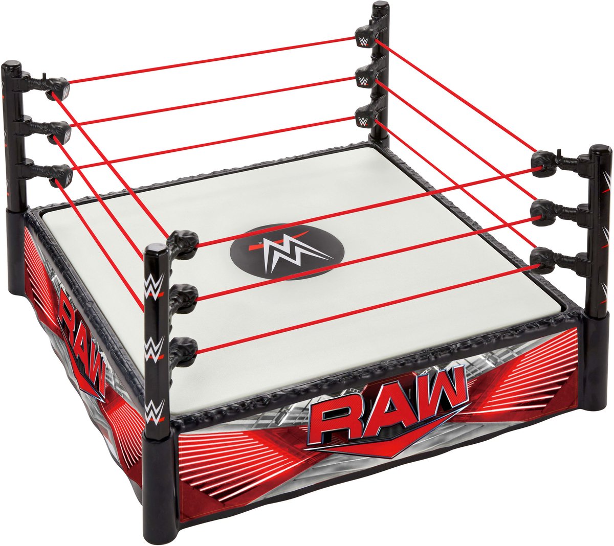 Mattel WWE Superstar Ring mit Main Event- und Raw-Etiketten – Federringmatte und elastische Pro Tension-Ringseile