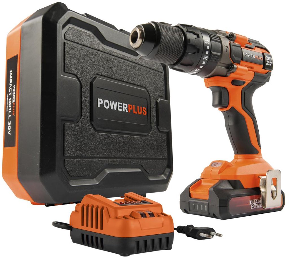 Powerplus Schraub- und Schlagbohrmaschine powdp15211 – 20V Schlagbohrmaschine – inkl. Batterie 20 V 2,0 Ah und Ladegerät 2,0 A