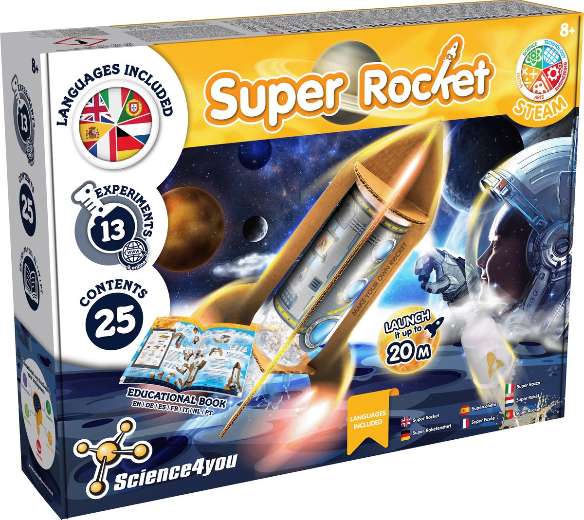 Science 4 you science4you Super-Raketenstart – Experimentierset – 13 Experimente – fliegt bis zu 20 m hoch – Sprachspielzeug