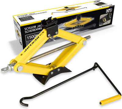 Mechanischer Wagenheber von Dunlop – Wagenheber mit 1500 kg Tragkraft – Scherenwagenheber mit Hubhöhe 26–38 cm – Metall – Gelb Schwarz