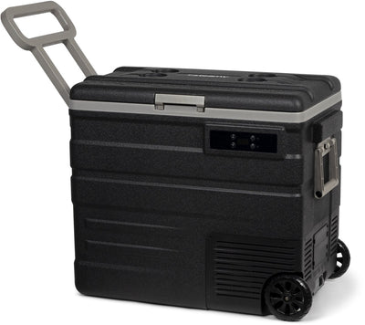 Steamy -e Einzonen-Roller-Kühlbox mit elektrischem Kompressor auf Rädern – Einzelzone – 65 Liter – 12 V und 230 V – für Auto und Camping – Schwarz