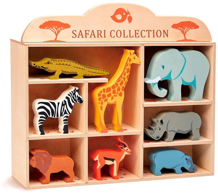 Tender Leaf Toys Tender Leaf Holztiere – Satz Safaritiere – 8 verschiedene Figuren – mit Ausstellungsregal – 3 Jahre